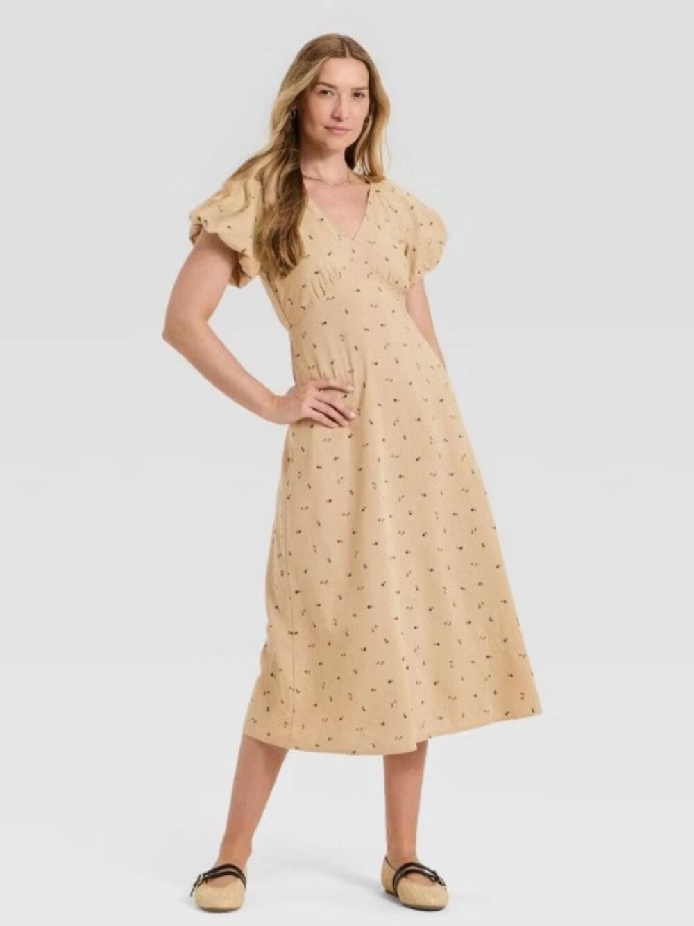 Universal Thread Tan Print Floral Puff Sleeve Midi Dress NWT XXL Cotton Blend - Picture 1 of 4